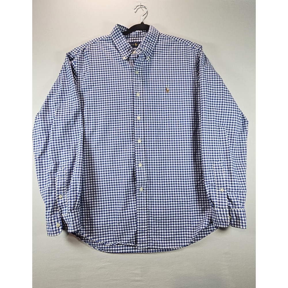 Ralph Lauren Mens Classic Fit Blue Gingham Check Button Down Shirt Flesh Pony XL